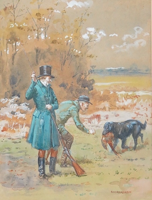 Goodwin Kilburne (1839-1924), heightened watercolour, Shooting scene with gundog and prey, signed, 19 x 15cm. Condition - fair